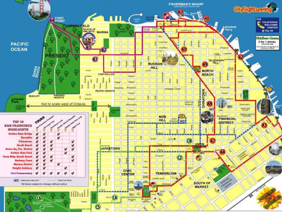 نقشہ کے شہر سیاحت سائٹس کا سفر کے سان فرانسسکو کے راستے