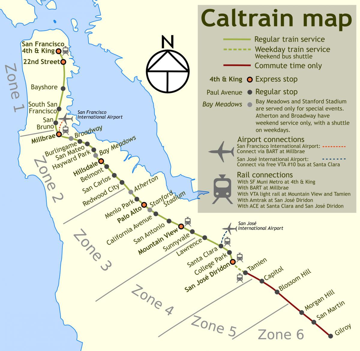 caltrain رک جاتا ہے کا نقشہ