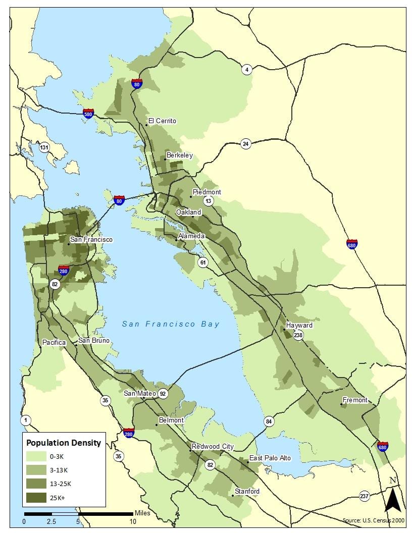 نقشہ کی خلیج کے علاقے میں آبادی کی کثافت