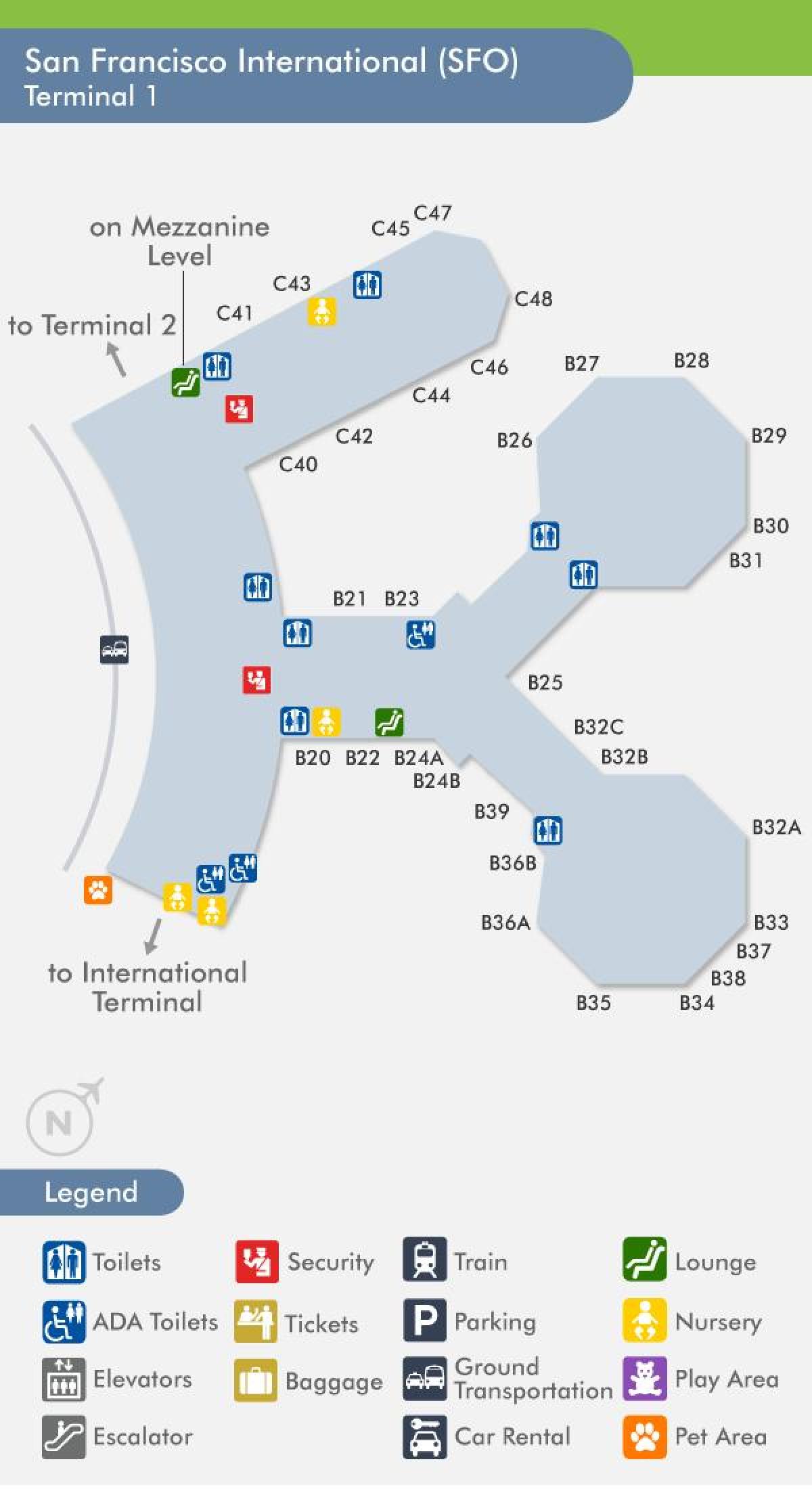 سان فرانسسکو کے ہوائی اڈے کے ٹرمینل 1 نقشہ