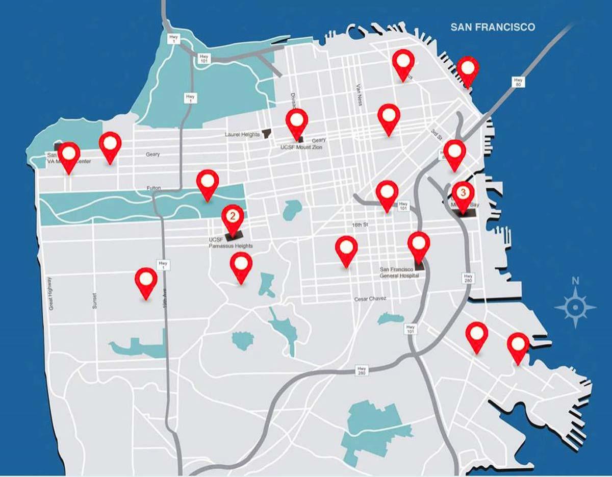 نقشہ سان فرانسسکو کے ہسپتالوں