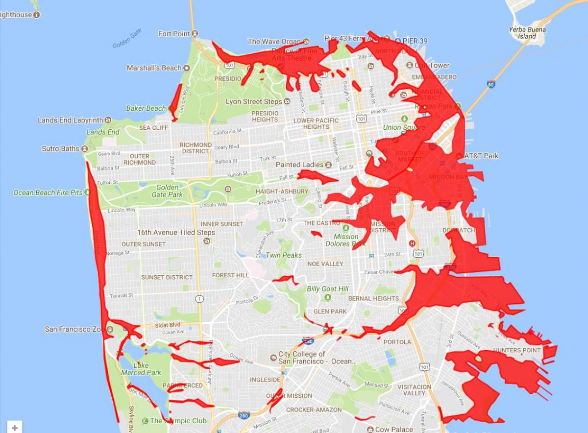 سان فرانسسکو علاقوں سے بچنے کے لئے نقشہ