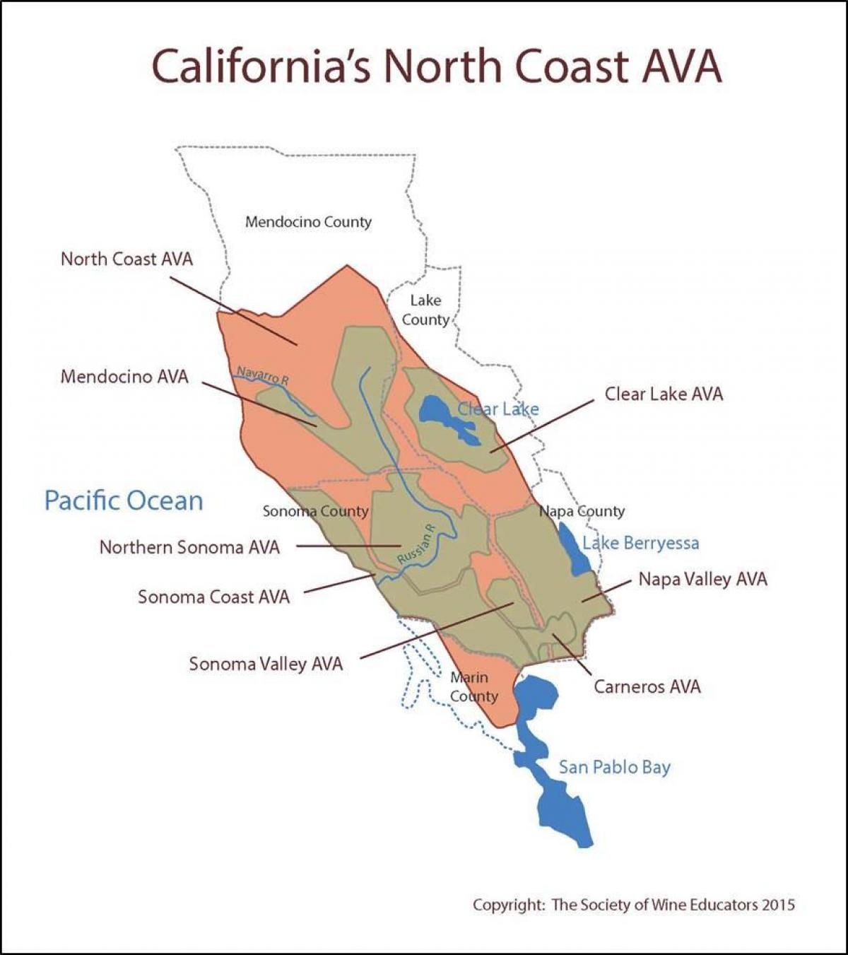 نقشہ کیلی فورنیا کے ساحل کے شمال میں سان فرانسسکو