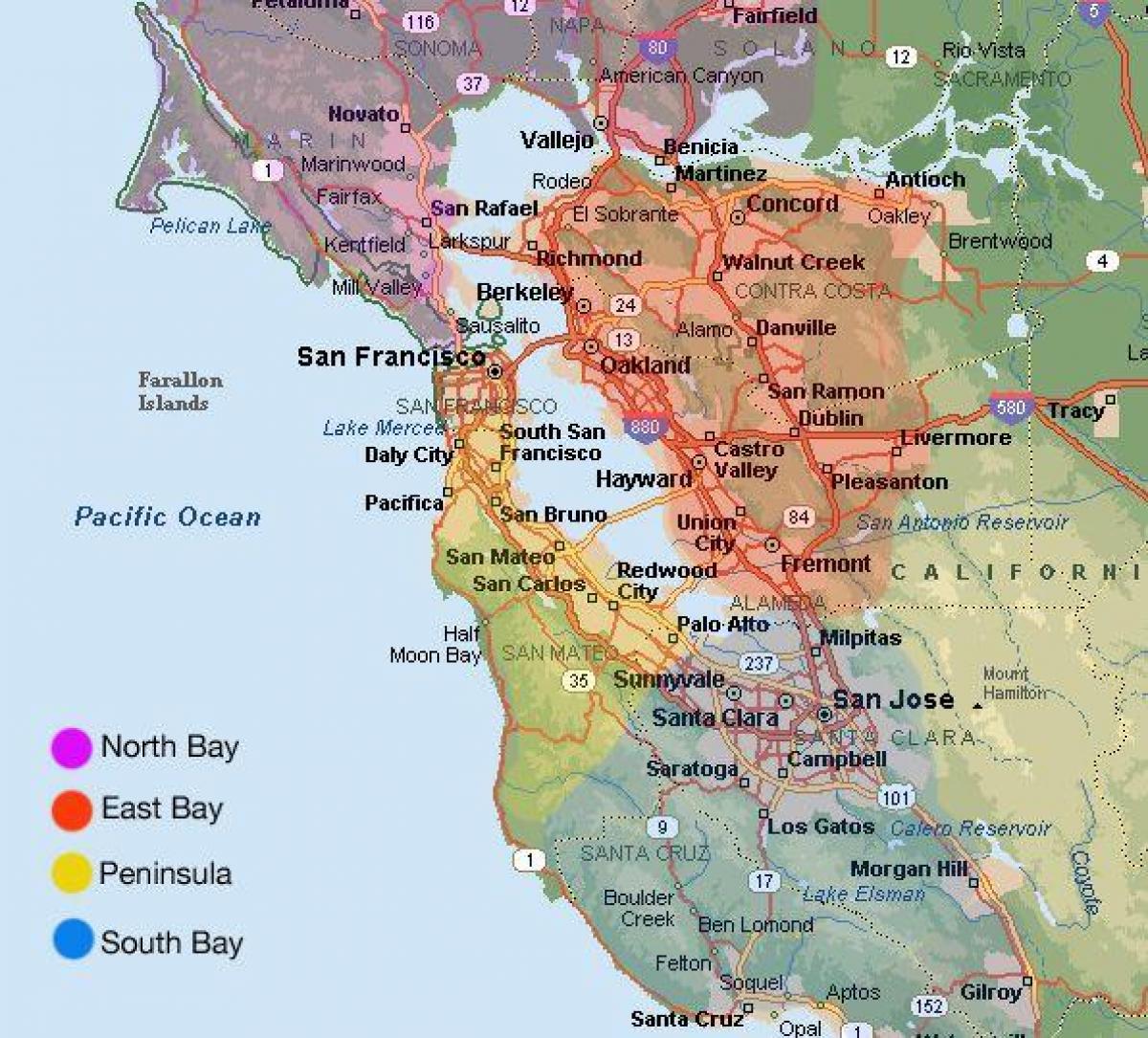 سان فرانسسکو کے علاقے اور ارد گرد کے علاقے کا نقشہ